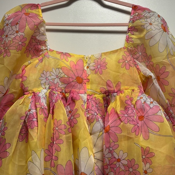 💫NWT💫Selkie French Puff Midi Dress Goldie Yellow Pink Daisy Floral Print L - Picture 5 of 11